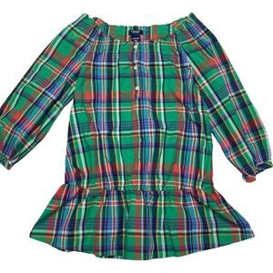Chaps Girls Top Green Plaid Round Neck‎ 3/4 Sleeve Drop Waist Peplum Sz 12/14 L